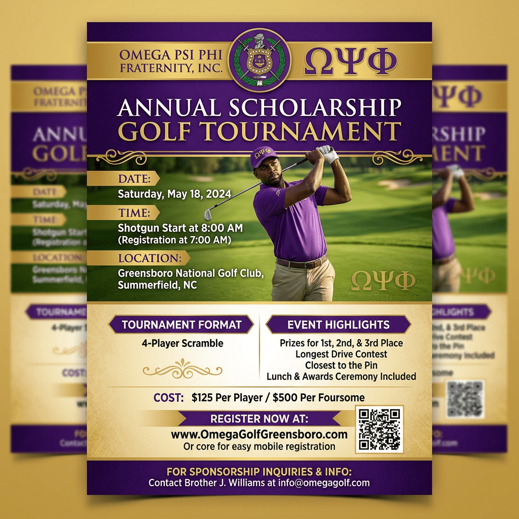 Golf tournament flyer with details for Omega Psi Phi Annual Scholarship event on May 18, 2024